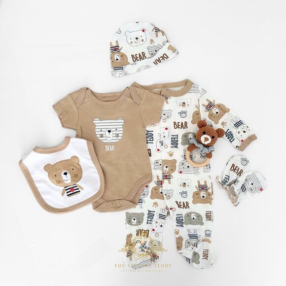 Other - NWT Cute Baby 5 Piece Set Sleep N' Play Footie Onesie Bib & Hat Teddy Bear 3-6M